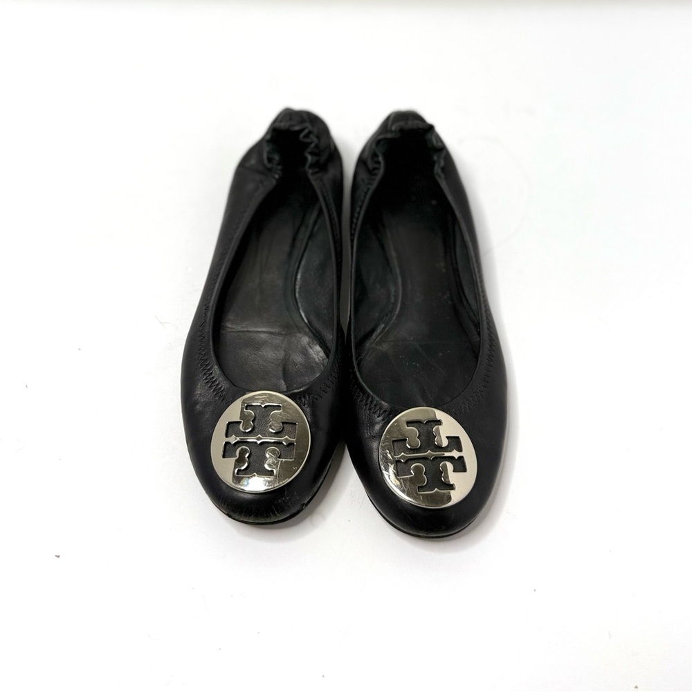 Tory Burch Black Leather Flats with Silver Logo Size 8.5 - Picture 6 of 7